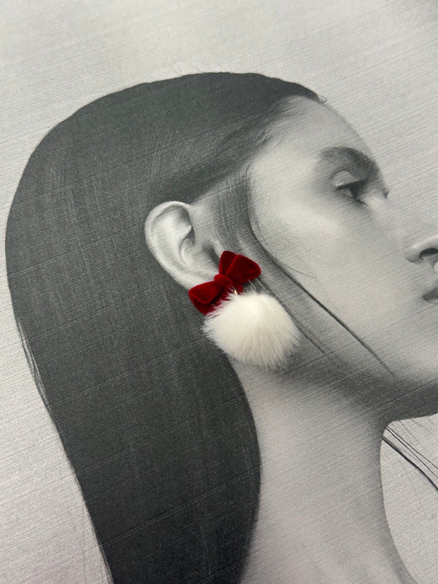 Red velvet Bow & white Fluffy Pom Pom Earrings - Sheessence