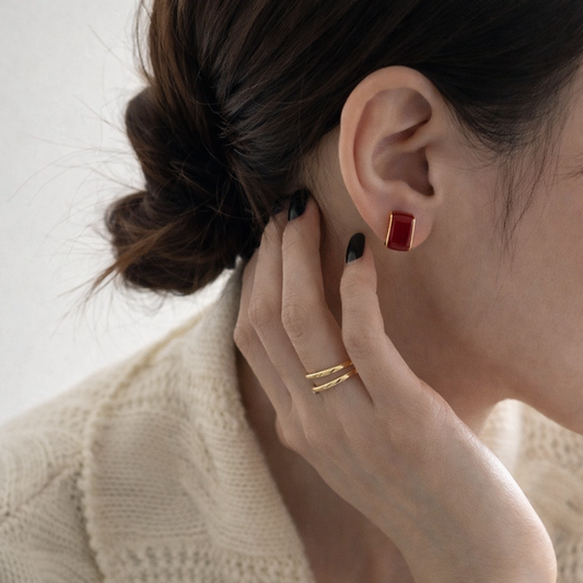 The Seoul Sleek Studs: Minimalist Oil Red & Gold