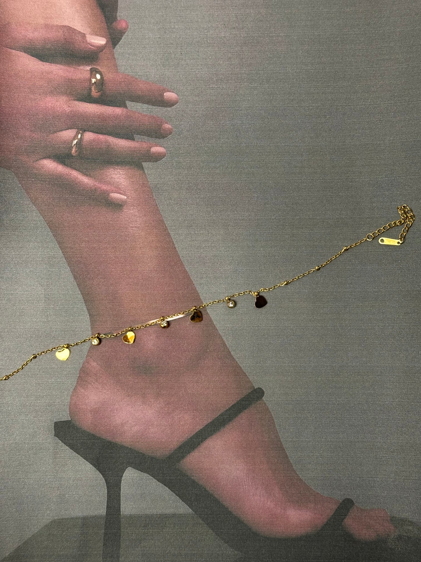 Multi-Charm Gold Anklet – Heart & Round Solitaire Crystal