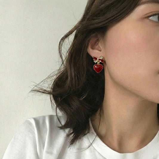 Red Heart and Bow Drop Earrings -Sheessence