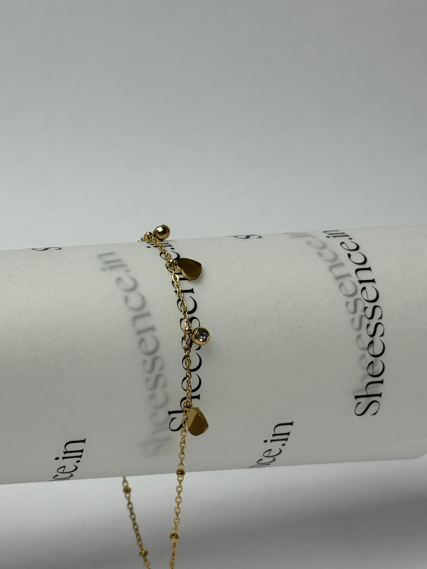 Multi-Charm Gold Anklet – Heart & Round Solitaire Crystal