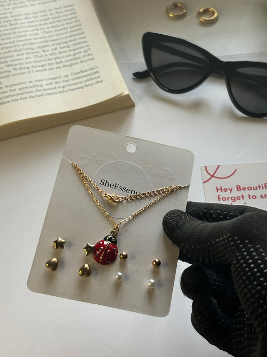 Ladybug pendant with 4 minimal Studs by SheEssence -(Limited Stock )