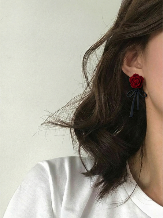 Matte Red Flower Bow Studs -Sheessence