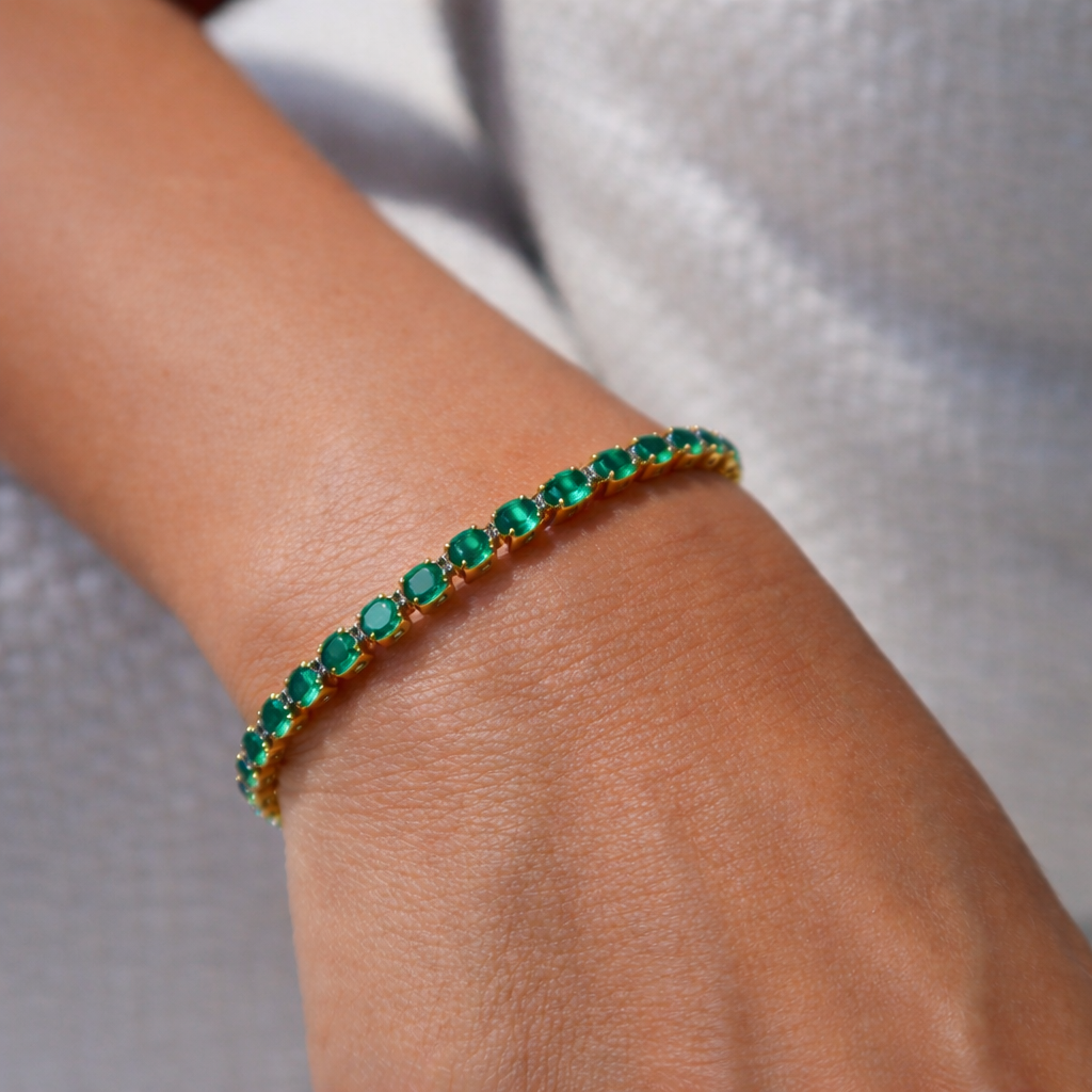 Emerald & Diamond Tennis Bracelet | Waterproof 316L Stainless Steel