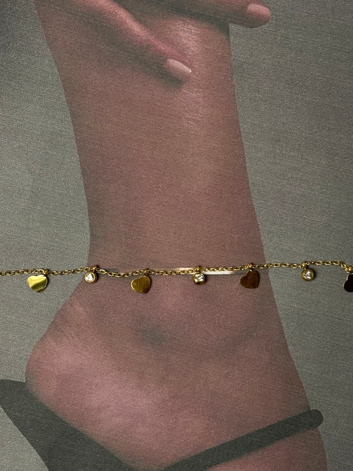 Multi-Charm Gold Anklet – Heart & Round Solitaire Crystal