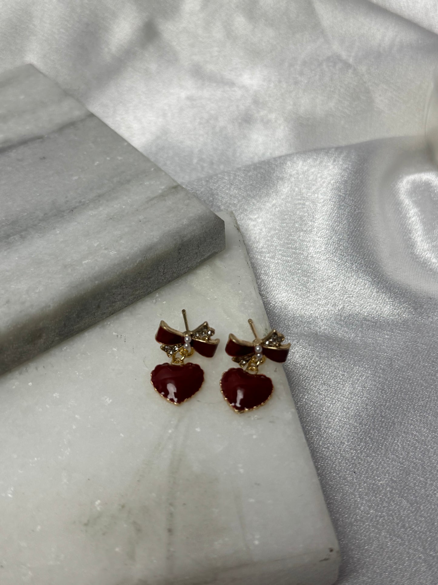 Red Heart and Bow Drop Earrings -Sheessence