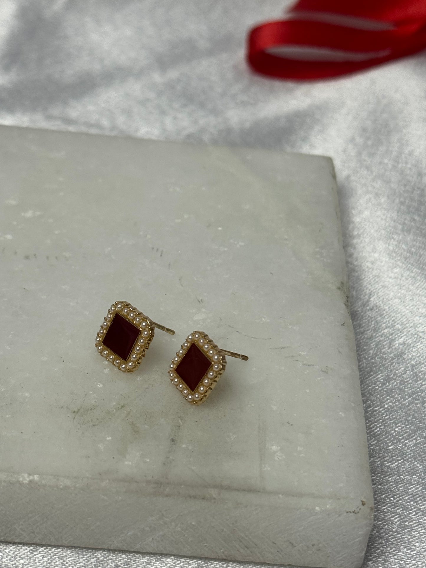 Vintage Korean Enamel Stud Earrings with Gold Pearl Border- Sheessence