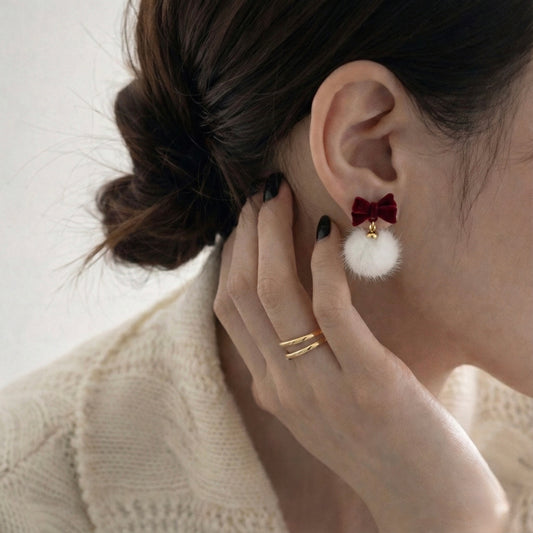 Red velvet Bow & white Fluffy Pom Pom Earrings - Sheessence