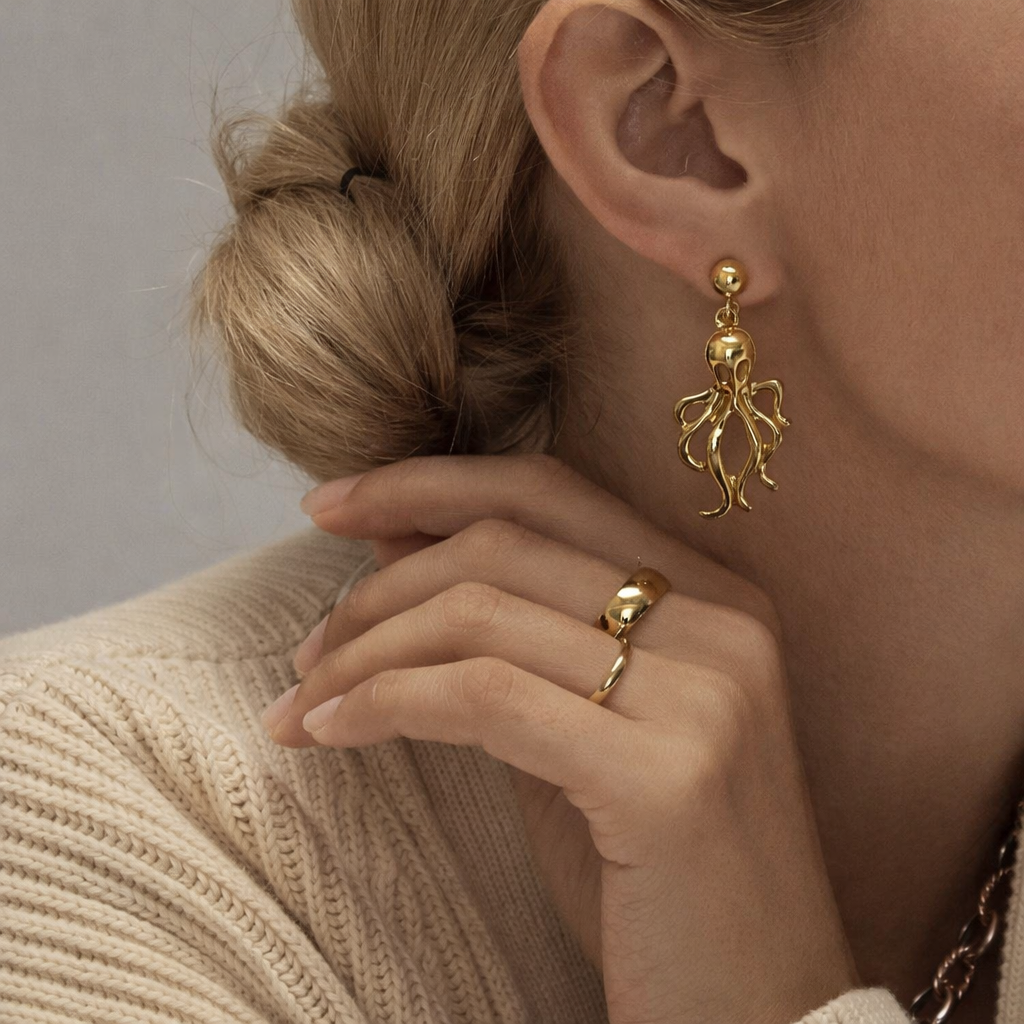 18K Gold Plated Octopus Drop Earrings for Women