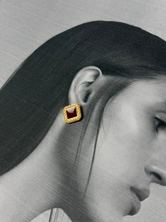 Vintage Korean Enamel Stud Earrings with Gold Pearl Border- Sheessence