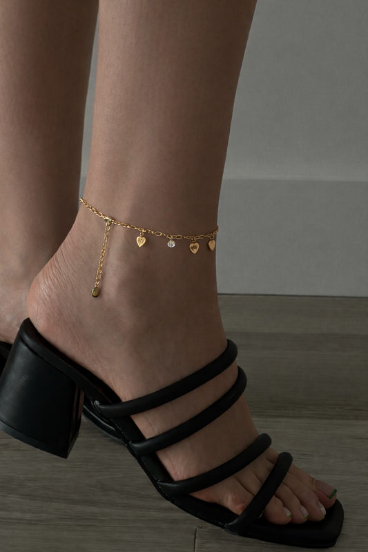 Multi-Charm Gold Anklet – Heart & Round Solitaire Crystal