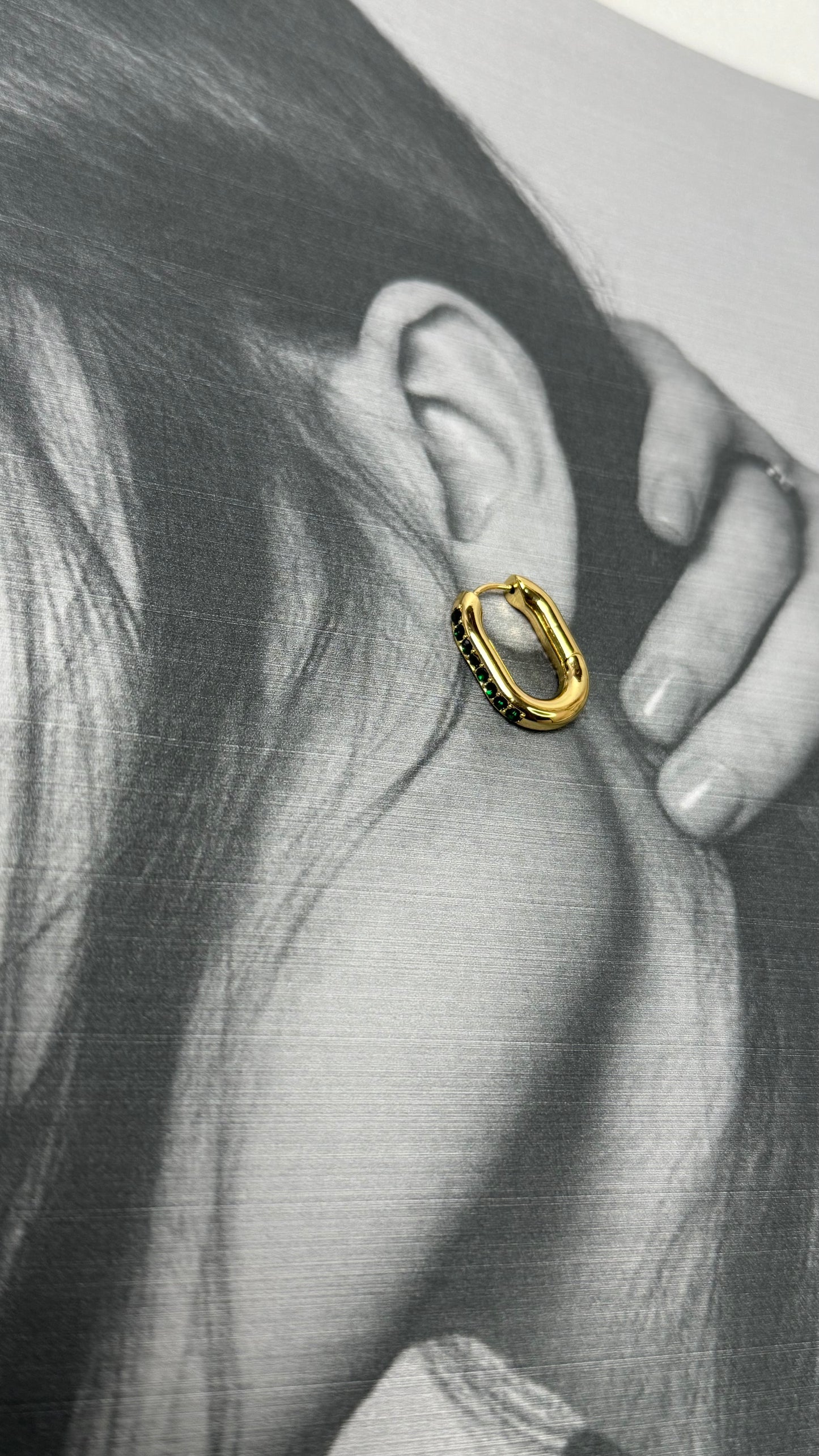 Minimalist Gold Oval Hoops with Green Emerald