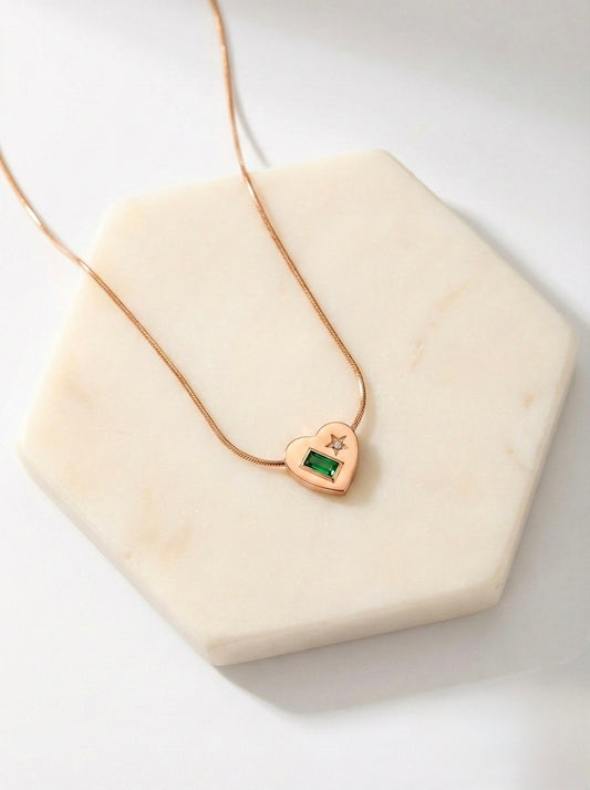 Rose Gold Emerald Heart Charm Necklace by SheEssence