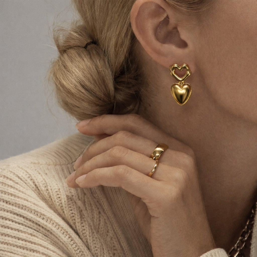 18K Gold Plated Heart-to-Heart Drop Earrings Sheessence