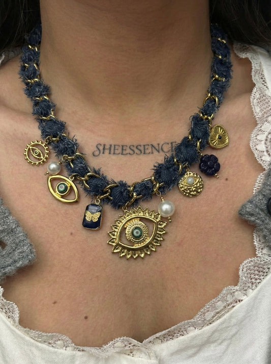 Evil Eye Statement Denim Necklace | 18k Gold Plated & Tarnish-Free