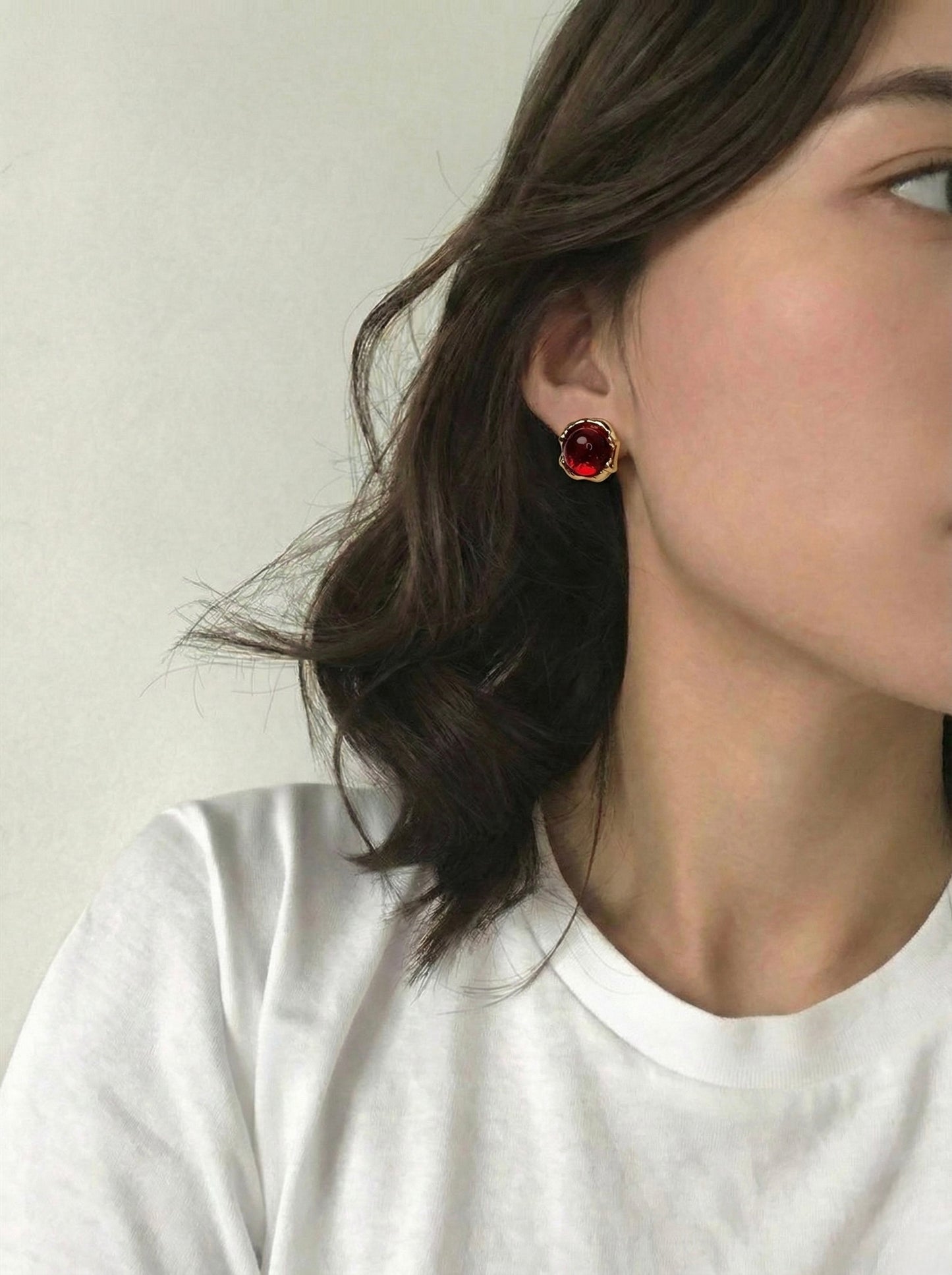 Minimalist Ruby Red Round Gold studs