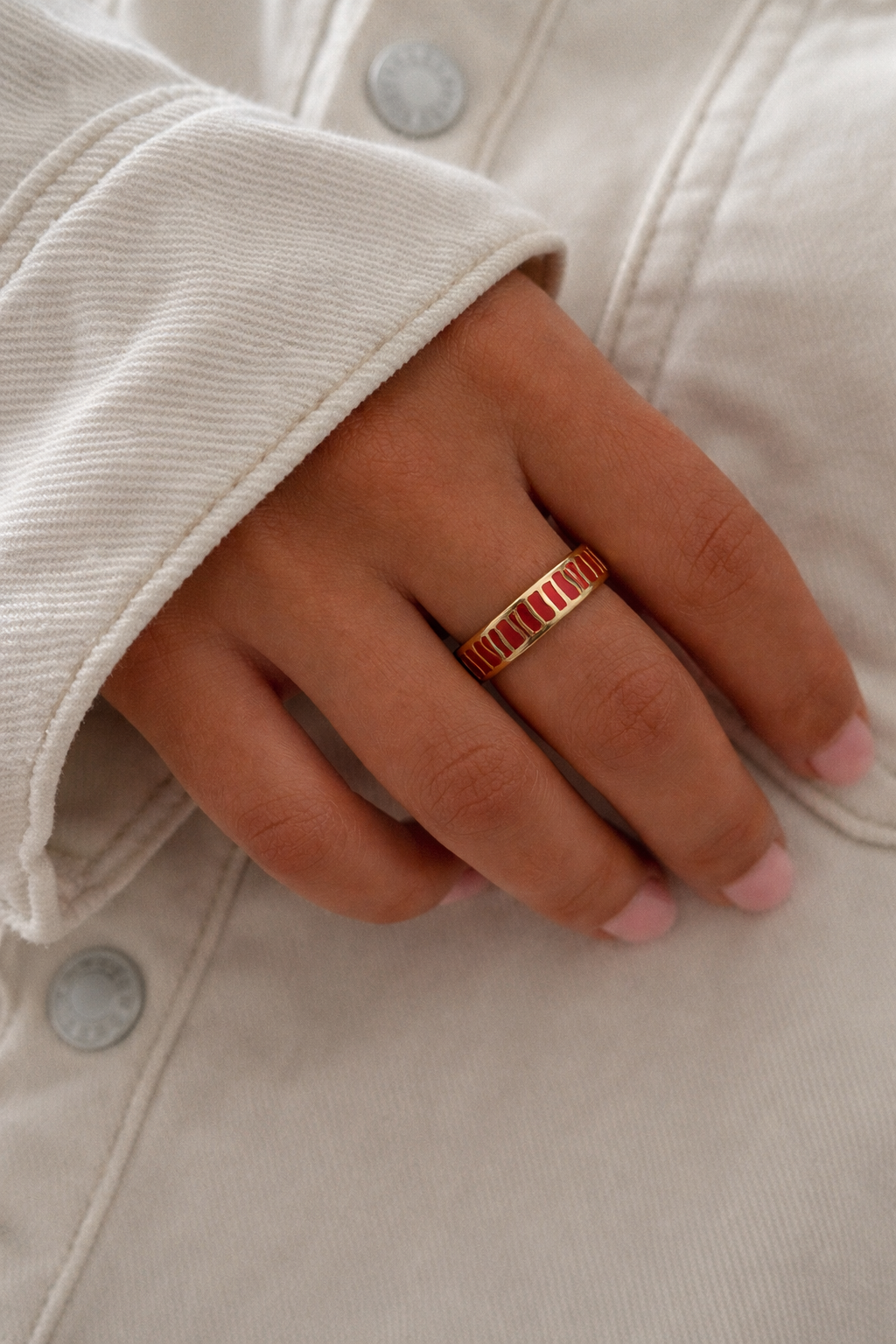 Geometric Red Bar Ring - 18k Gold Plated Waterproof Jewelry - Retro Stacker
